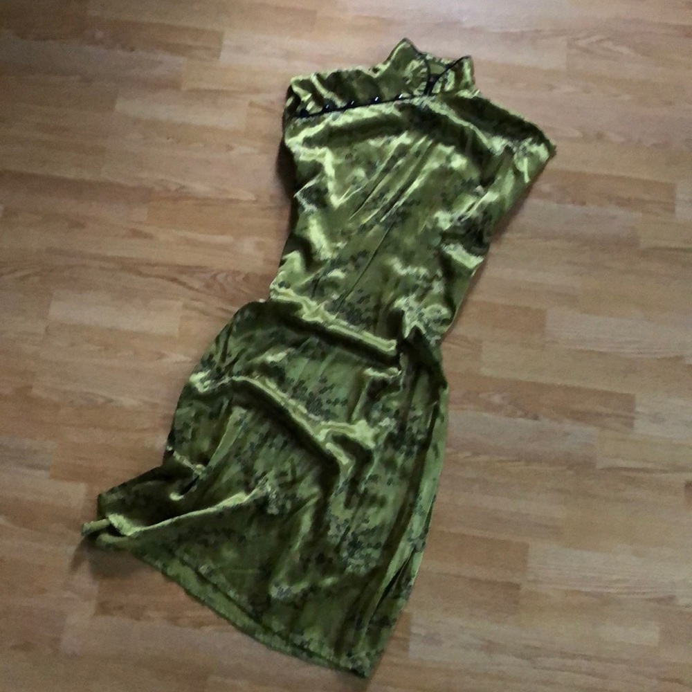 Moss green silk/satin mandarin style dress